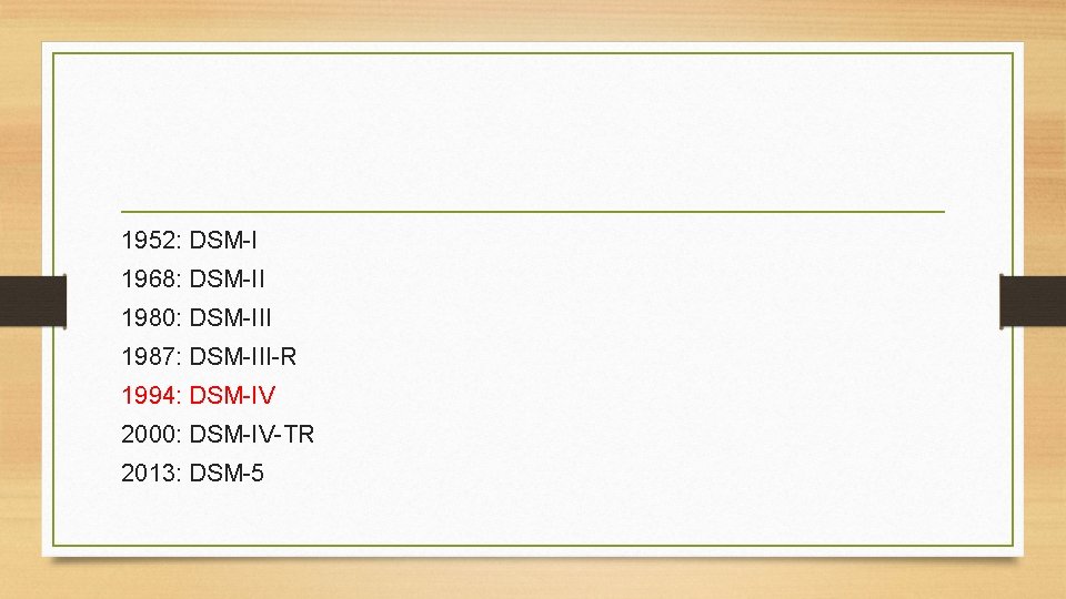 1952: DSM-I 1968: DSM-II 1980: DSM-III 1987: DSM-III-R 1994: DSM-IV 2000: DSM-IV-TR 2013: DSM-5