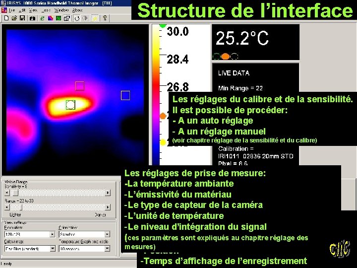 Structure de l’interface Les réglages du calibre et de la sensibilité. Il est possible