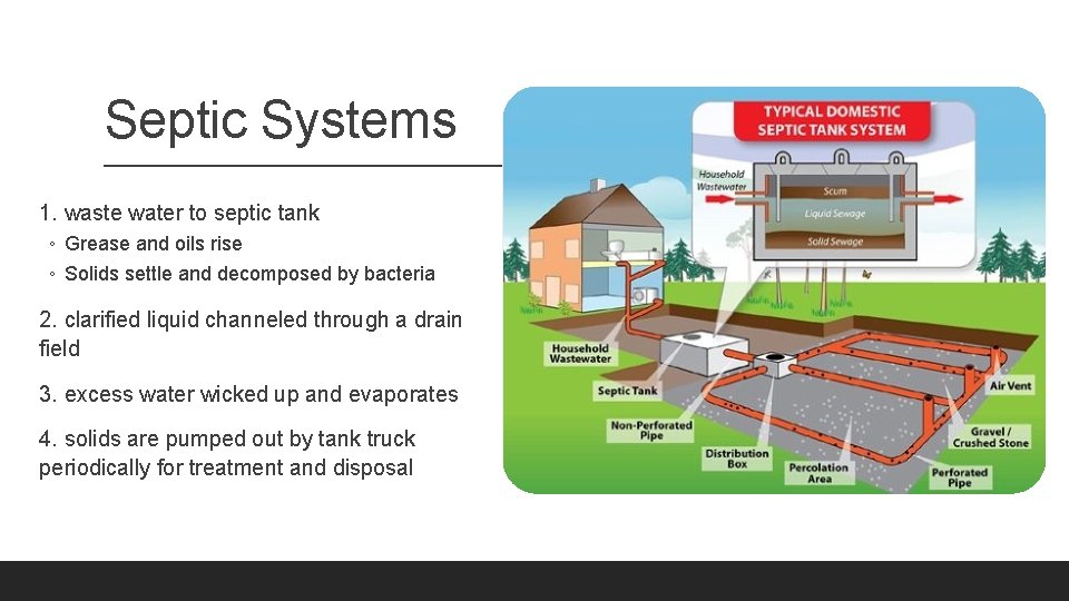 Septic Systems 1. waste water to septic tank ◦ Grease and oils rise ◦