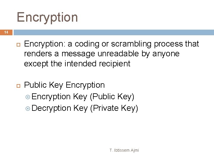 Encryption 14 Encryption: a coding or scrambling process that renders a message unreadable by