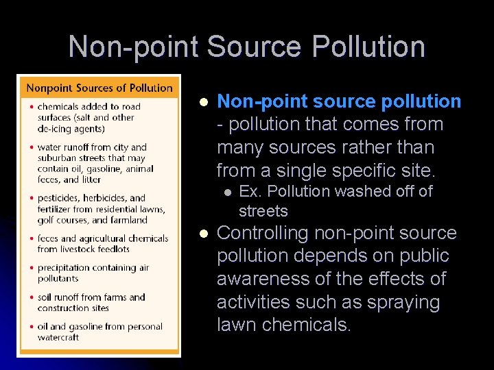 Non-point Source Pollution l Non-point source pollution - pollution that comes from many sources
