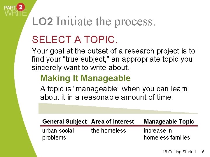 LO 2 Initiate the process. SELECT A TOPIC. Your goal at the outset of