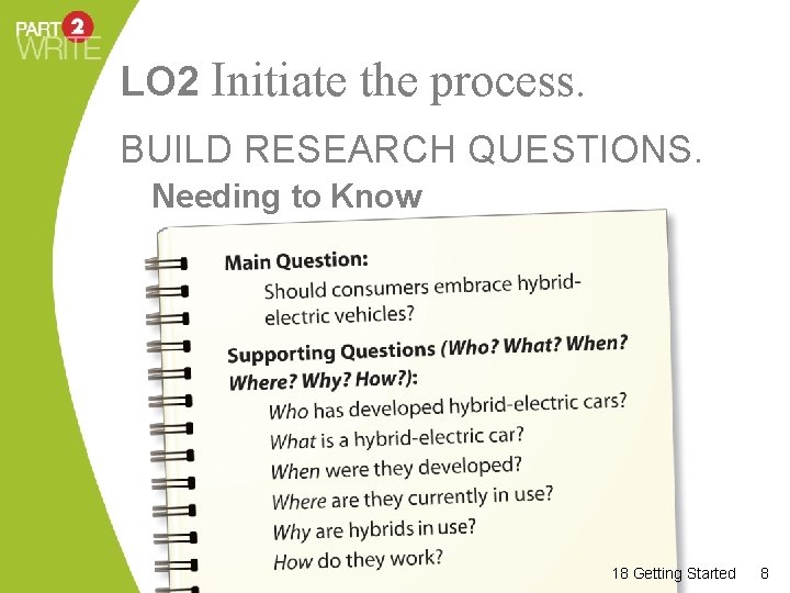 LO 2 Initiate the process. BUILD RESEARCH QUESTIONS. Needing to Know 18 Getting Started