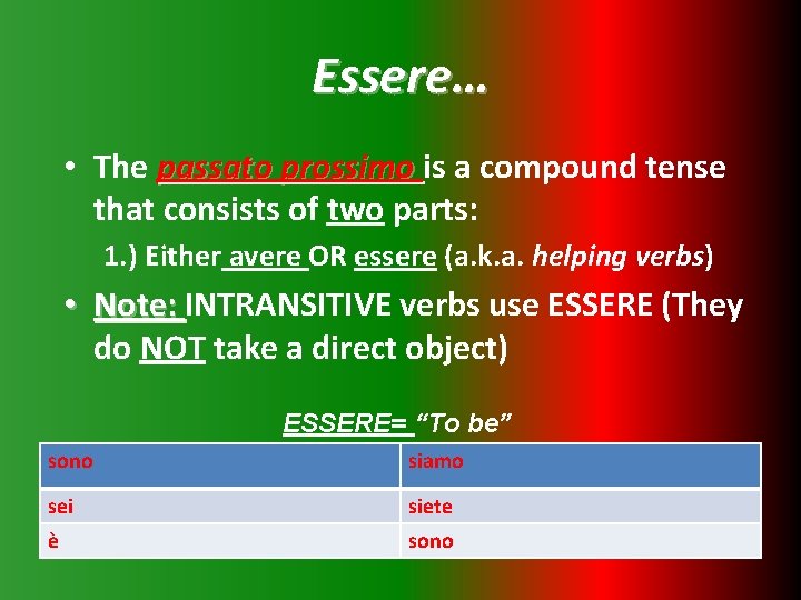 Essere… • The passato prossimo is a compound tense that consists of two parts: