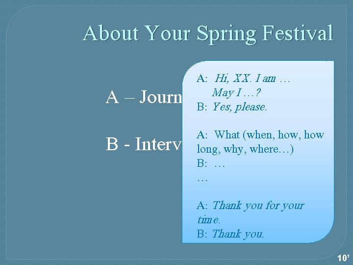 About Your Spring Festival A: Hi, XX. I am … A– May I …?