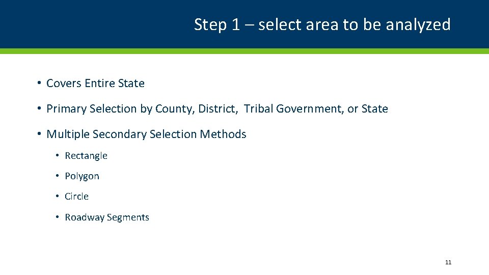 Step 1 – select area to be analyzed • Covers Entire State • Primary