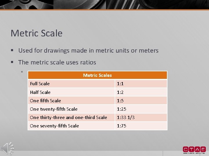 Metric Scale § Used for drawings made in metric units or meters § The