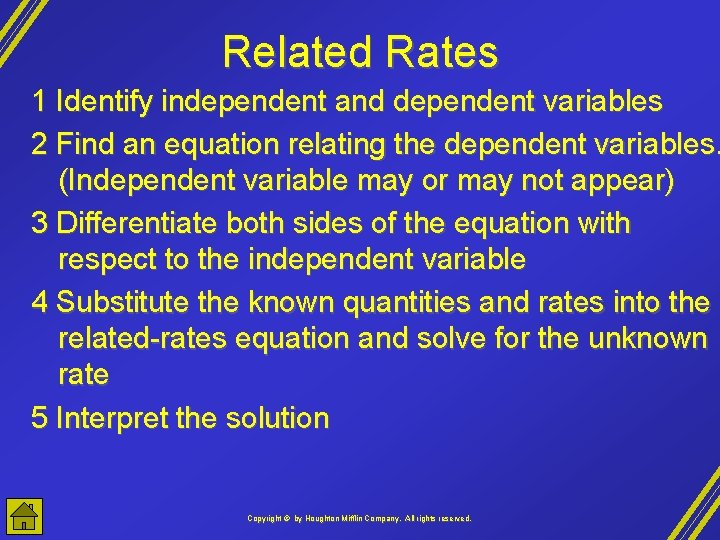 Related Rates 1 Identify independent and dependent variables 2 Find an equation relating the