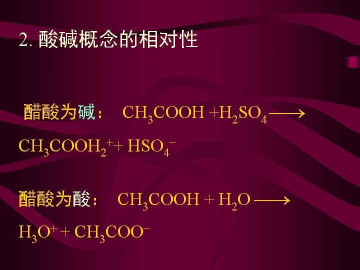 2. 酸碱概念的相对性 醋酸为碱： CH 3 COOH +H 2 SO 4 CH 3 COOH 2