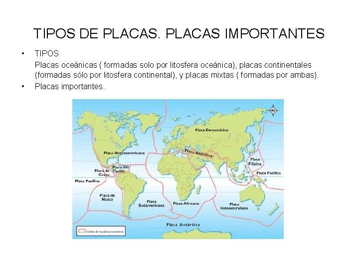 TIPOS DE PLACAS IMPORTANTES • • TIPOS Placas oceánicas ( formadas solo por litosfera