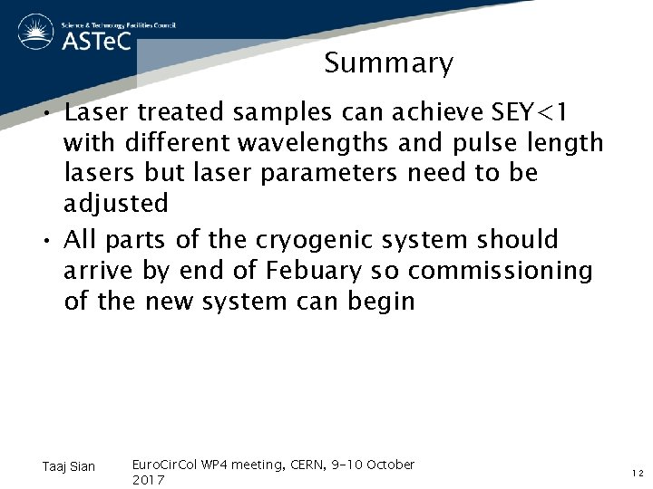 Summary • Laser treated samples can achieve SEY<1 with different wavelengths and pulse length