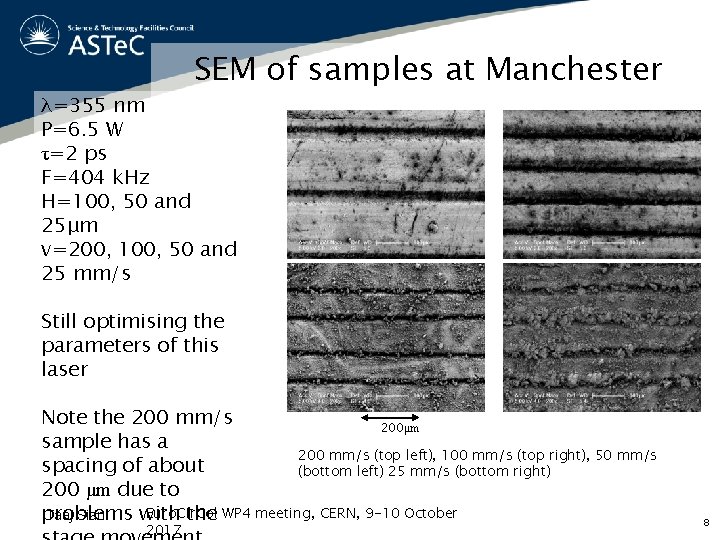 SEM of samples at Manchester λ=355 nm P=6. 5 W τ=2 ps F=404 k.
