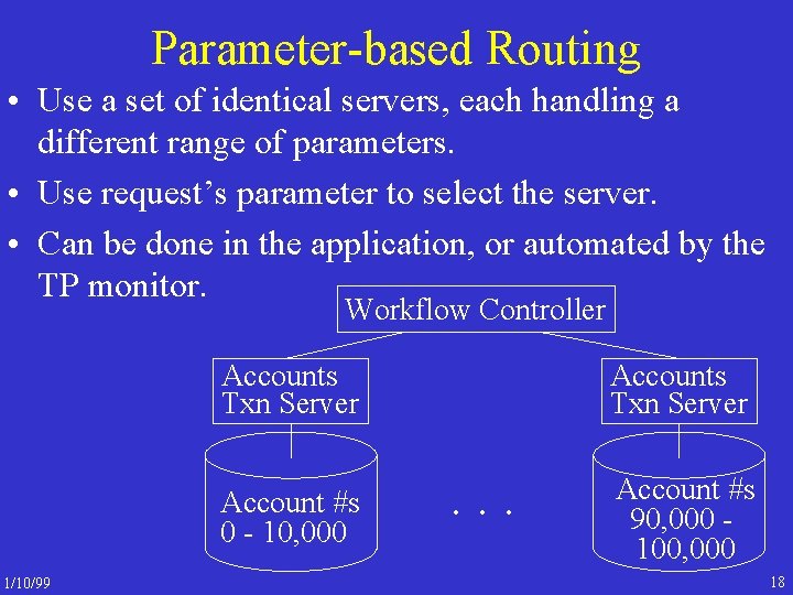 Parameter-based Routing • Use a set of identical servers, each handling a different range