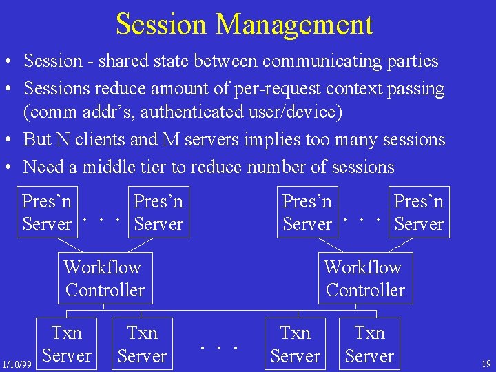 Session Management • Session - shared state between communicating parties • Sessions reduce amount