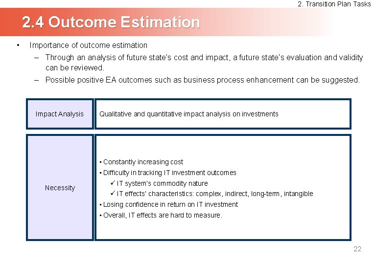 2. Transition Plan Tasks 2. 4 Outcome Estimation • Importance of outcome estimation –