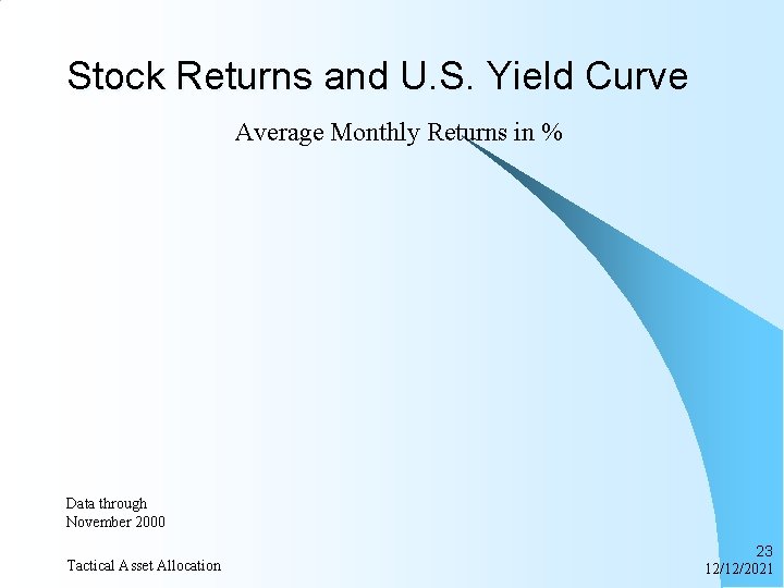 Stock Returns and U. S. Yield Curve Average Monthly Returns in % Data through