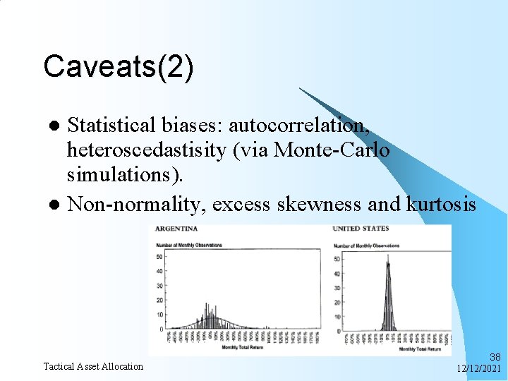 Caveats(2) Statistical biases: autocorrelation, heteroscedastisity (via Monte-Carlo simulations). l Non-normality, excess skewness and kurtosis