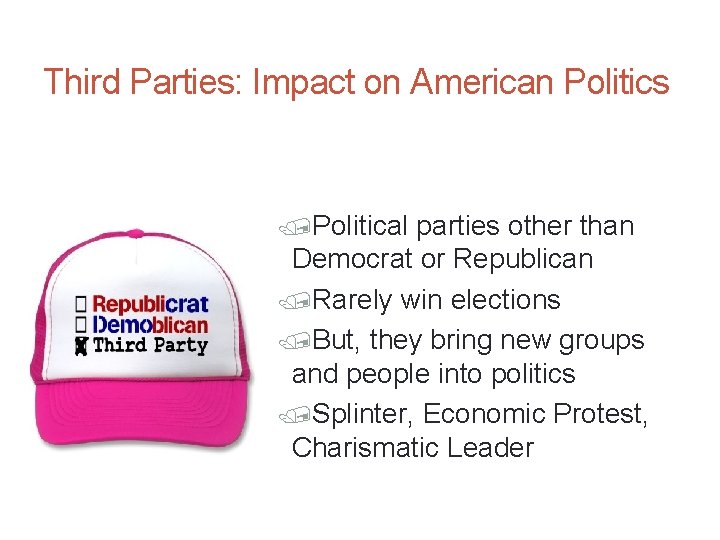 Third Parties: Impact on American Politics /Political parties other than Democrat or Republican /Rarely