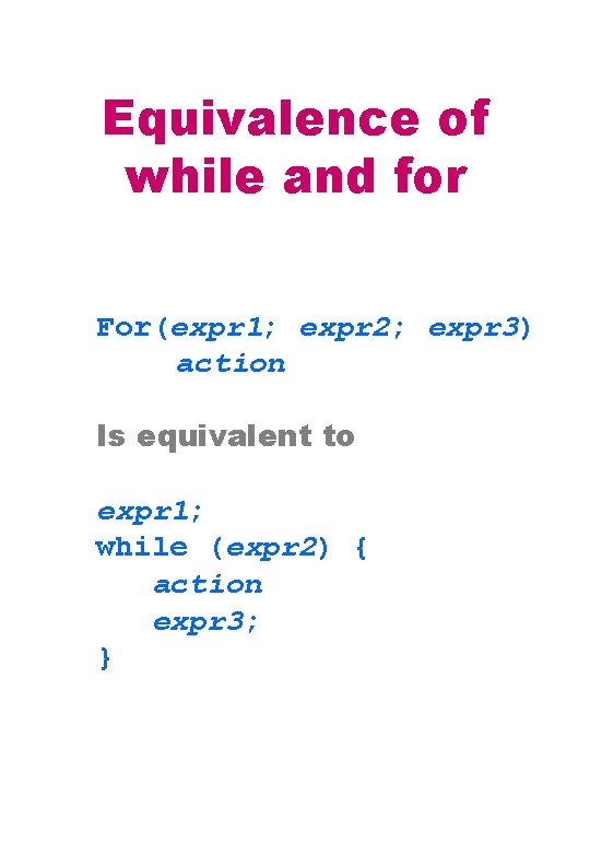 Equivalence of while and for For(expr 1; expr 2; expr 3) action Is equivalent