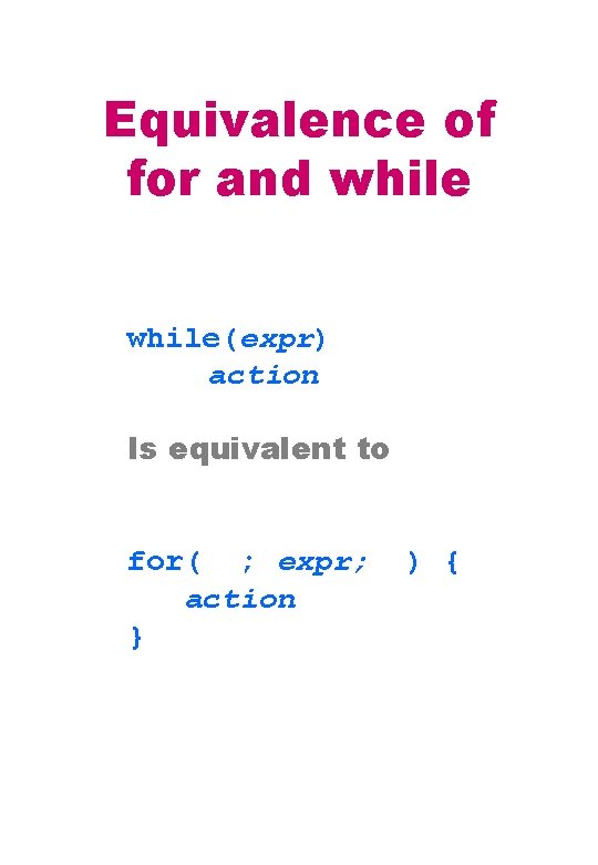 Equivalence of for and while(expr) action Is equivalent to for( ; expr; action }