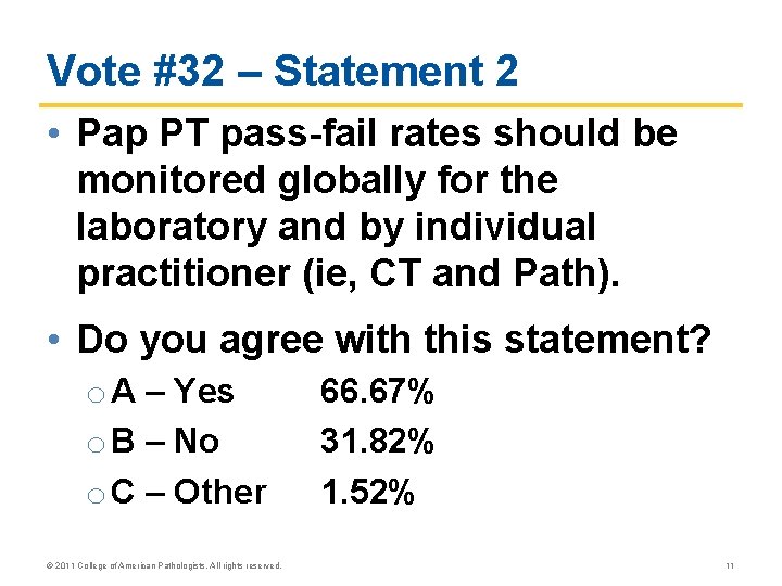 Vote #32 – Statement 2 • Pap PT pass-fail rates should be monitored globally Vote #32 – Statement 2 • Pap PT pass-fail rates should be monitored globally