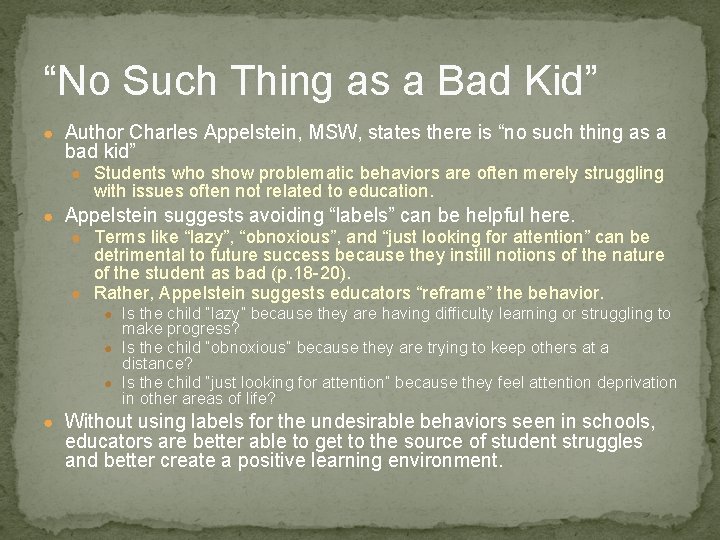 “No Such Thing as a Bad Kid” ● Author Charles Appelstein, MSW, states there