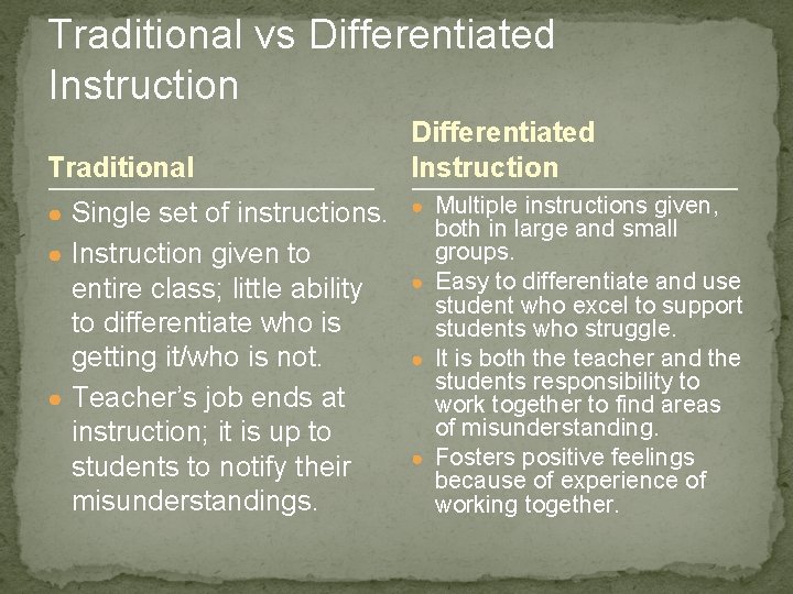 Traditional vs Differentiated Instruction Traditional Differentiated Instruction ● Single set of instructions. ● Multiple