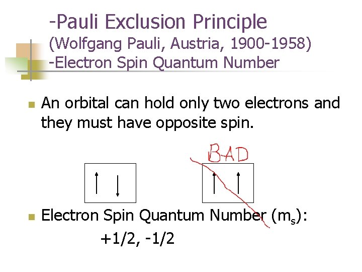 -Pauli Exclusion Principle (Wolfgang Pauli, Austria, 1900 -1958) -Electron Spin Quantum Number n n