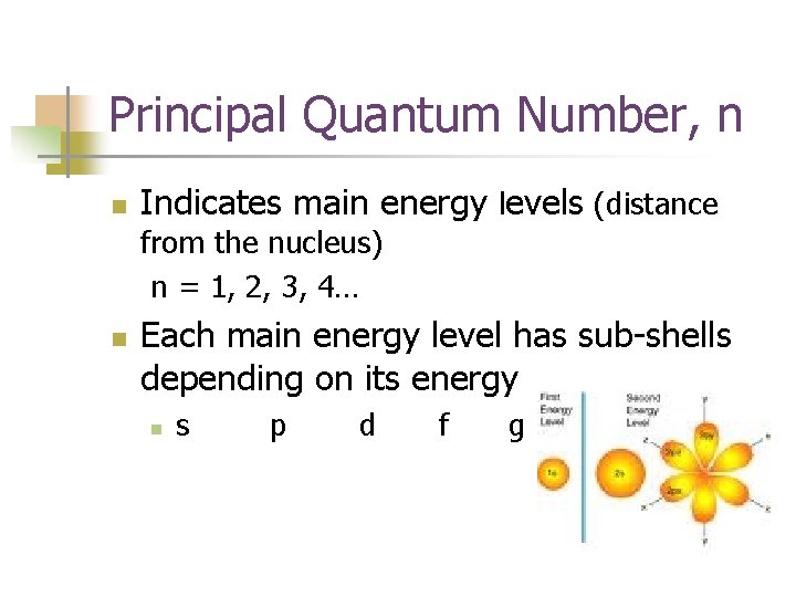 Principal Quantum Number, n n Indicates main energy levels (distance from the nucleus) n
