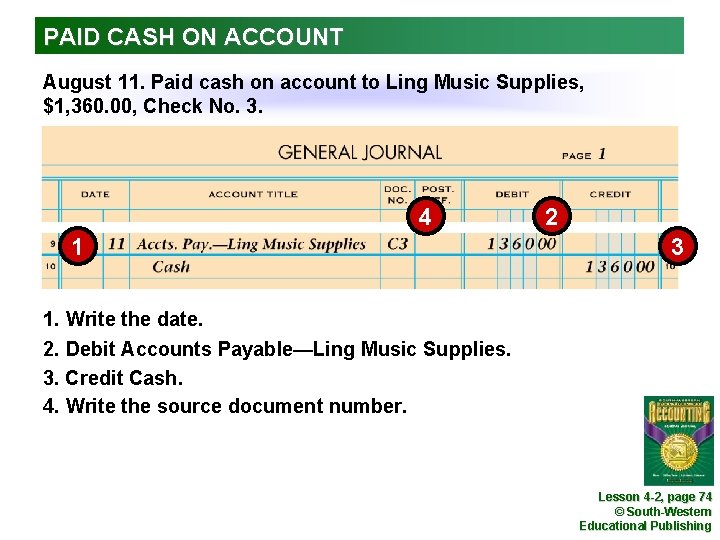 PAID CASH ON ACCOUNT August 11. Paid cash on account to Ling Music Supplies,