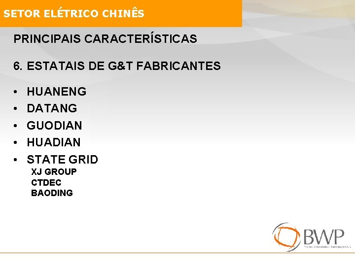 SETOR ELÉTRICO CHINÊS PRINCIPAIS CARACTERÍSTICAS 6. ESTATAIS DE G&T FABRICANTES • • • HUANENG