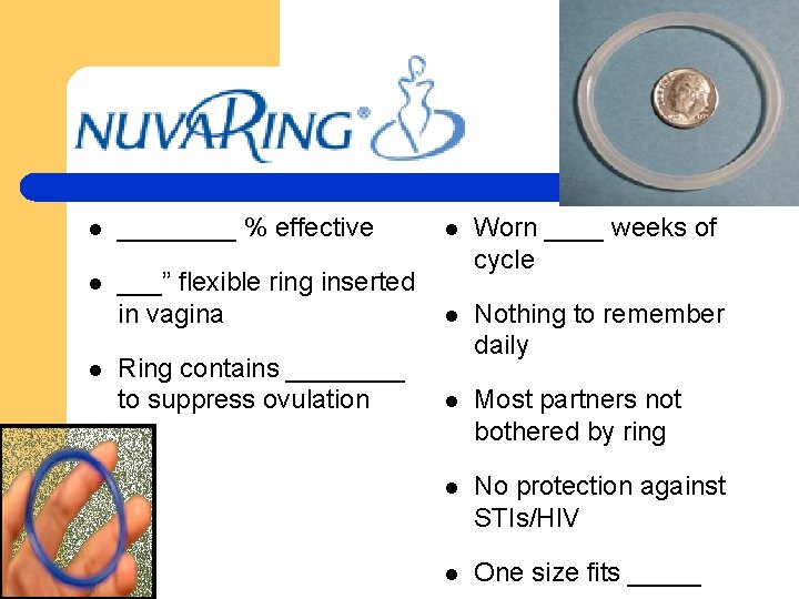 l ____ % effective l l ___” flexible ring inserted in vagina Worn ____