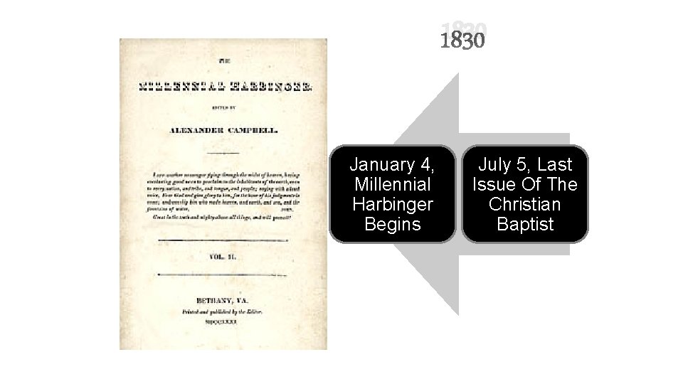 1830 January 4, Millennial Harbinger Begins July 5, Last Issue Of The Christian Baptist