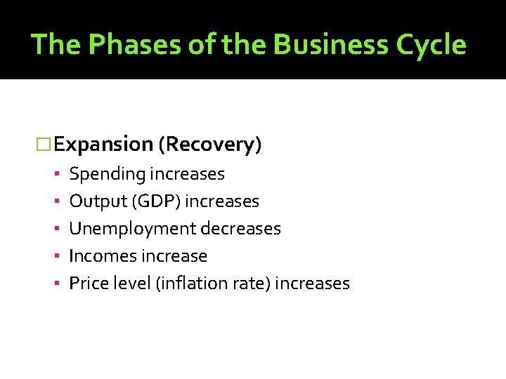 The Phases of the Business Cycle �Expansion (Recovery) ▪ Spending increases ▪ Output (GDP)