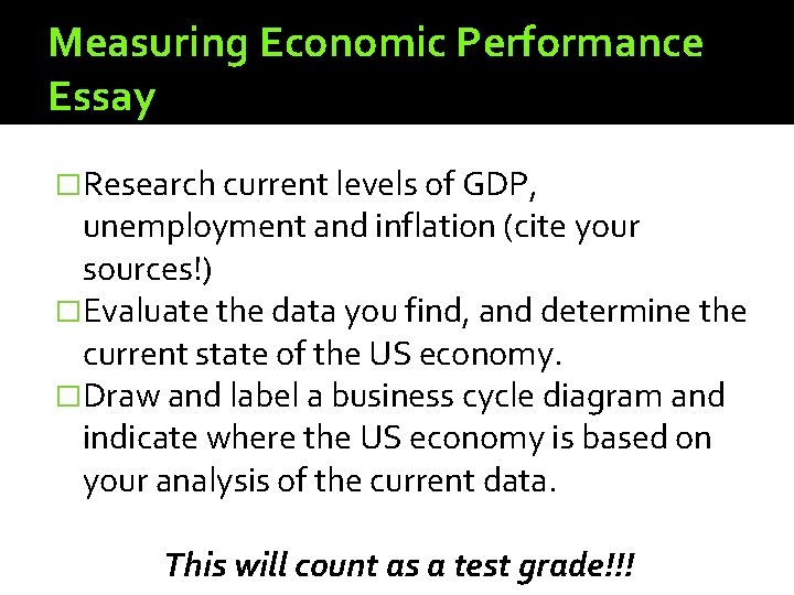Measuring Economic Performance Essay �Research current levels of GDP, unemployment and inflation (cite your