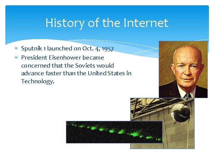 History of the Internet Sputnik 1 launched on Oct. 4, 1957 President Eisenhower became