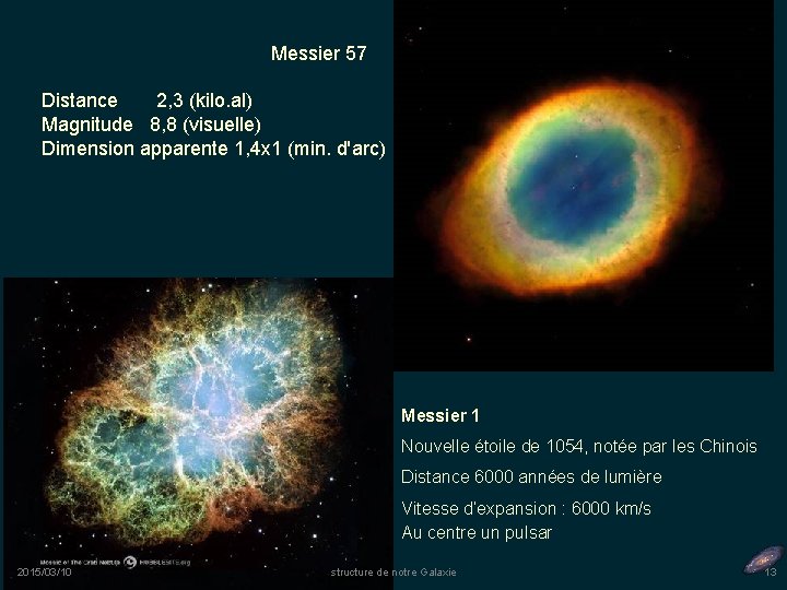 Messier 57 Distance 2, 3 (kilo. al) Magnitude 8, 8 (visuelle) Dimension apparente 1,