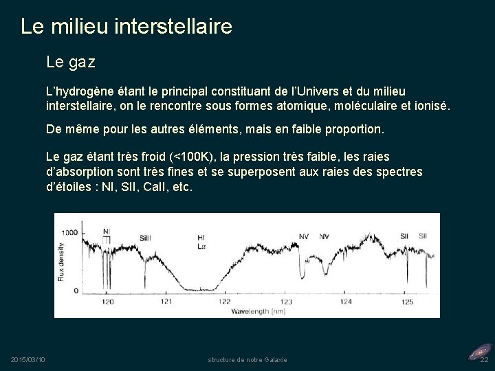 Le milieu interstellaire Le gaz L’hydrogène étant le principal constituant de l’Univers et du