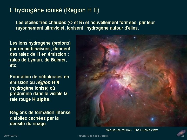 L'hydrogène ionisé (Région H II) Les étoiles très chaudes (O et B) et nouvellement