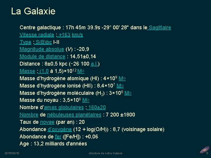 La Galaxie Centre galactique : 17 h 45 m 39. 9 s -29° 00′