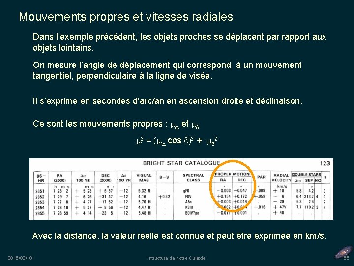 Mouvements propres et vitesses radiales Dans l’exemple précédent, les objets proches se déplacent par