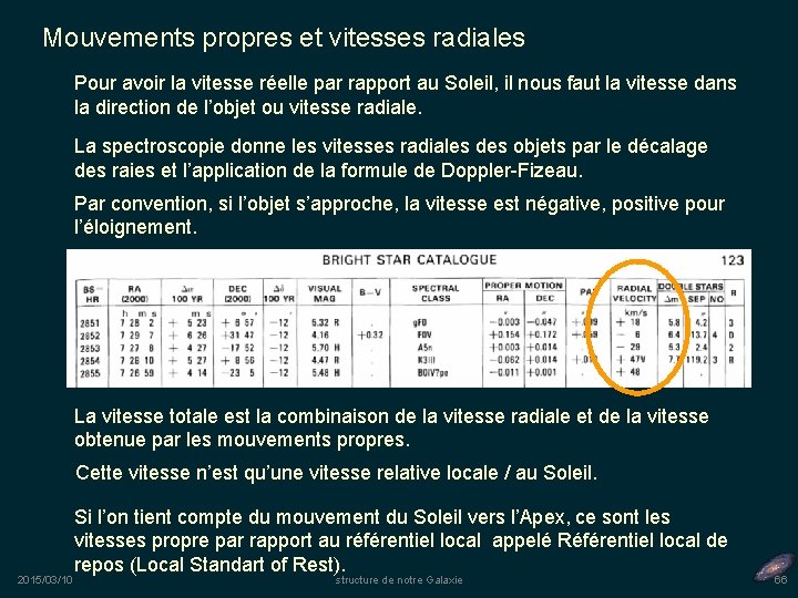 Mouvements propres et vitesses radiales Pour avoir la vitesse réelle par rapport au Soleil,