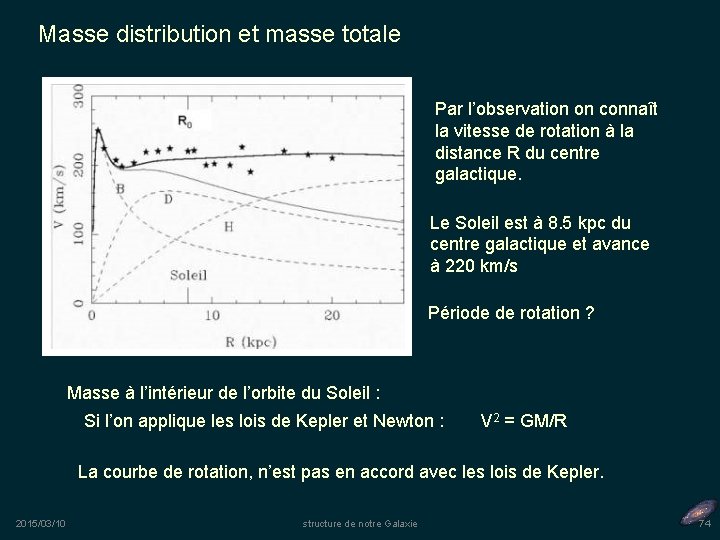 Masse distribution et masse totale Par l’observation on connaît la vitesse de rotation à