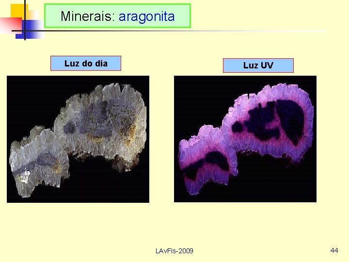 Minerais: aragonita Luz do dia Luz UV LAv. Fis-2009 44 