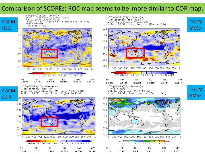 Comparison of SCOREs: ROC map seems to be more similar to COR map. CGCM