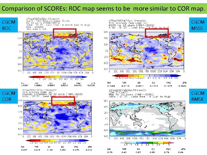 Comparison of SCOREs: ROC map seems to be more similar to COR map. CGCM