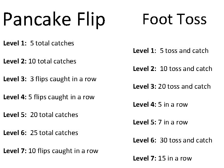 Pancake Flip Level 1: 5 total catches Level 2: 10 total catches Level 3: