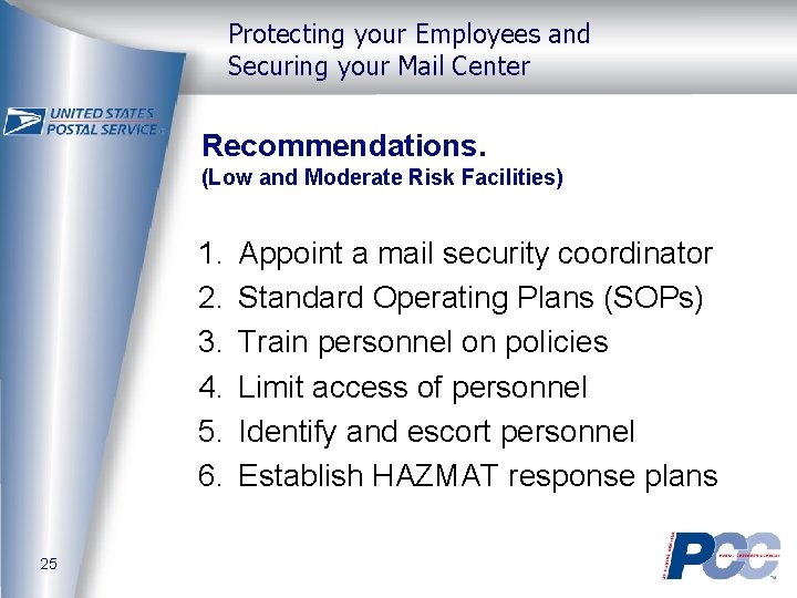 Protecting your Employees and Securing your Mail Center Recommendations. (Low and Moderate Risk Facilities)