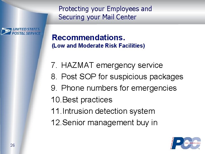 Protecting your Employees and Securing your Mail Center Recommendations. (Low and Moderate Risk Facilities)
