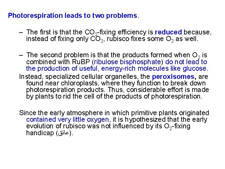 Photorespiration leads to two problems. – The first is that the CO 2 -fixing